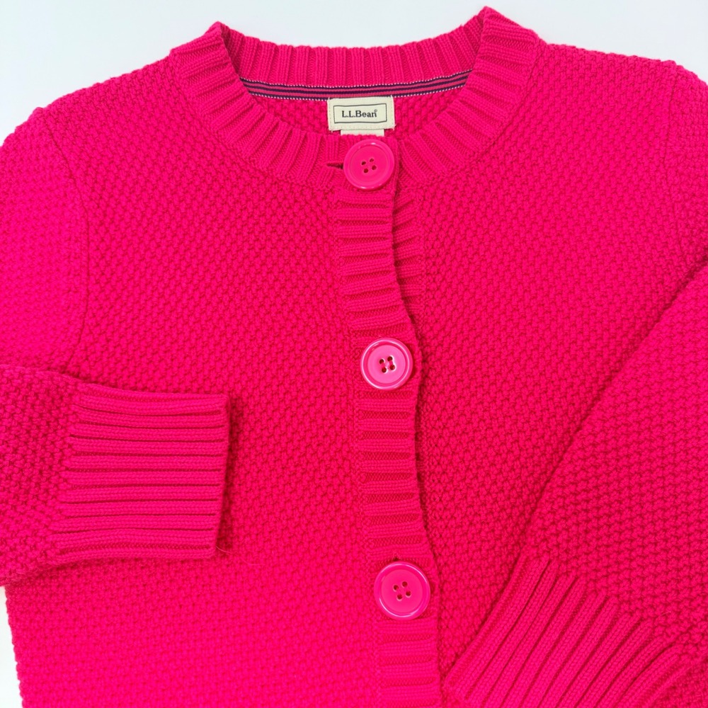 LL Bean Womens Fuchsia Pink‎ Popcorn Knit Cotton Cardigan Sweater 0JBU1 Small